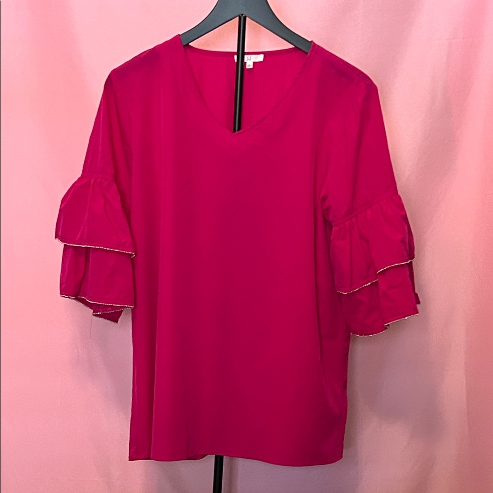 Fuchsia Blouse with tiered ruffle sleeves with silver beading trim. Size L